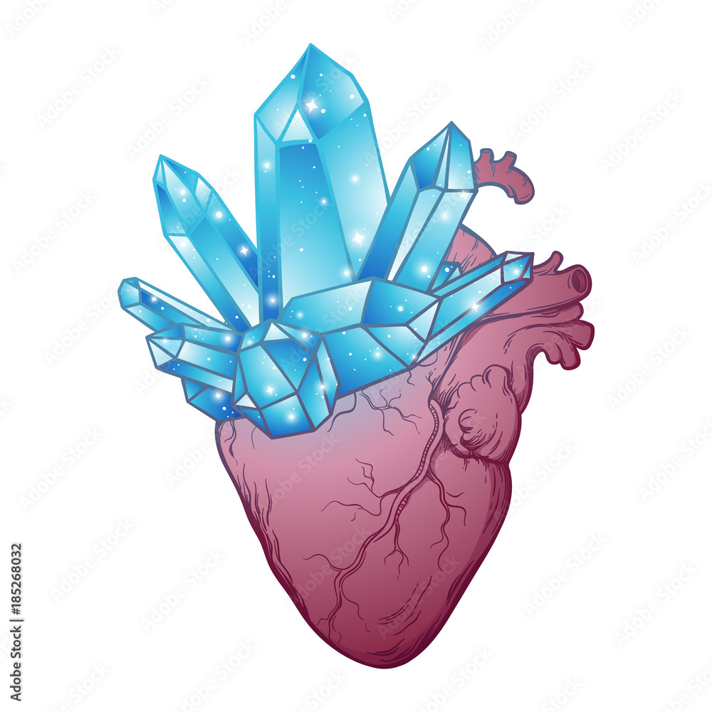 Poster crystals growing from human heart isolated on white background. hand drawn vector illustration. tatt