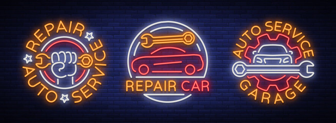 Car service repairs a set of vector logos, a neon sign emblem. Vector illustration, car repair, shiny signboard for garage for auto repair. Nightly bright signboard ad for your projects