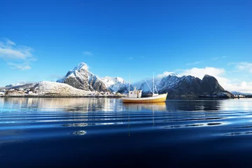 Poster fishing boat and Reine Village, Lofoten Islands, Norway © Iakov Kalinin