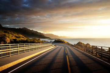 road by the sea in sunrise time, Lofoten island, Norway