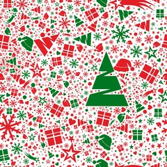 Świąteczny wzór bezszwowy w zielone i czerwone choinki, czapki, śnieżynki, prezenty. Kartka Boże Narodzenie - 185268400