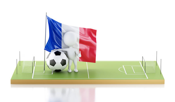 3d White people with France flag and soccer ball.
