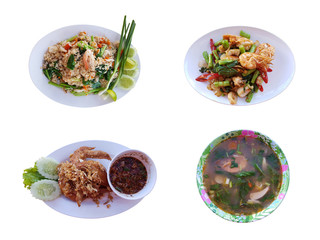 Collection of the traditional Thai food by homemade with clipping path isolated on white background.