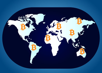 Bitcoin around the world. Flat style design