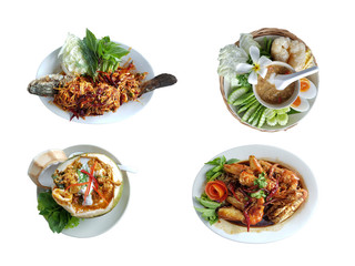 Collection of the traditional Thai food by homemade with clipping path isolated on white background.