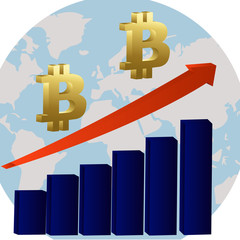 Bitcoin growth concept. Bitcoin revenue illustration. Stacks of gold coins like income graph with bitcoin.