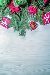 Christmas background on white vintage wooden board