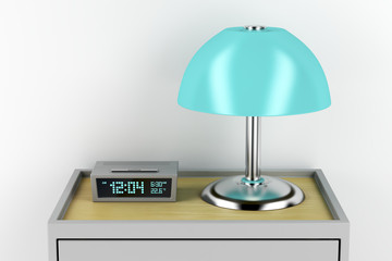 Nightstand with alarm clock and lamp