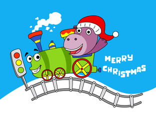 Naklejka premium hippos riding train in the snowfields