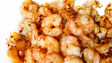 fried prawns with garlic isolated on white background