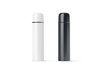 Blank black and white closed travel thermos mock up, 3d rendering. Empty traveler bottle mockup isolated. Clear drink container template. Plain thermo mug for tea or coffee.