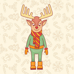 Cute winter deer cartoon vector character isolated on christmas pattern