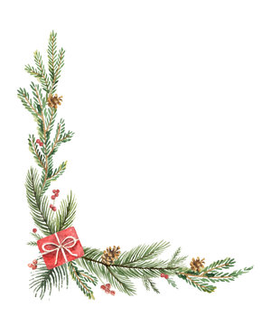 Watercolor vector Christmas decorative corner with fir branches, gifts and cones.