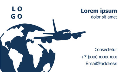 Airplane flying vector against the background of the globe on the business card for flight attendants, background for the inscription.