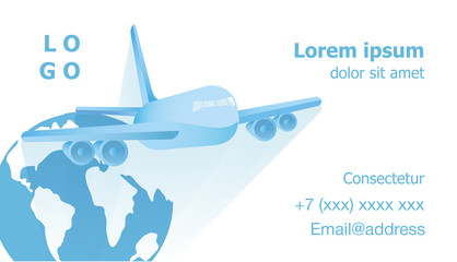 Airplane flying vector against the background of the globe on the business card for flight attendants, background for the inscription.