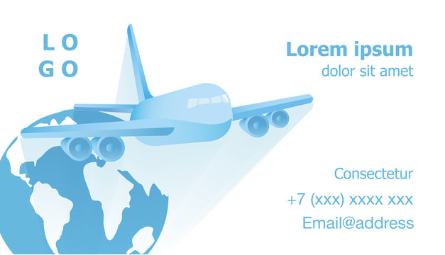 Airplane flying vector against the background of the globe on the business card for flight attendants, background for the inscription.