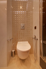 A white toilet bowl with a hygienic shower and installation in a wall