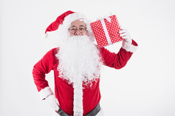 Santa Claus hands giving gift box  on white background,Christmas decoration holiday party. Merry Christmas and happy new year concept