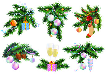 Christmas icons design elements set. Christmas tree branches and decoration and ball. New year decoration isolated on white.