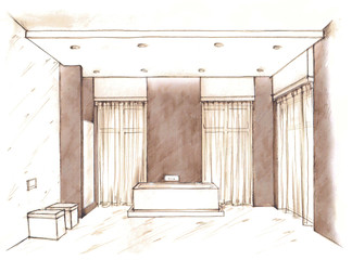 Hand drawn sketch of a modern bathroom interior