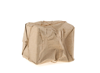 crumpled parcel postmarked destroyed, isolated on a white background