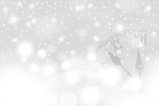 Silver New Year and Christmas concept with vintage clock in white style. Vector illustration