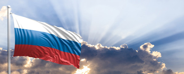 Russia flag on blue sky. 3d illustration