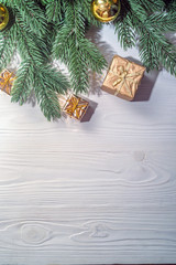Fototapeta na wymiar Christmas background on white vintage wooden board