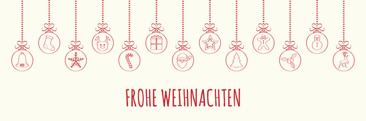 Frohe Weihnachten - Merry Christmas in German. Christmas card with ornaments. Vector.	
