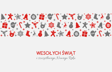 Wesolych Swiat - Merry Christmas in Polish. Christmas card with ornaments. Vector.	