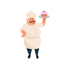 Fat cook holding delicious cake with pink icing on silver tray. Restaurant business. Funny mustached man character in chef uniform and hat. Cartoon flat vector