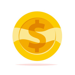 Flat vector golden coin isolated on white background. Coin with dollar currency illustration. Cash symbol, sign. Game money element. 