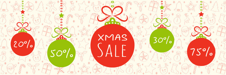 Fototapeta premium Xmas Sale - banner with hand drawn decorations. Vector.