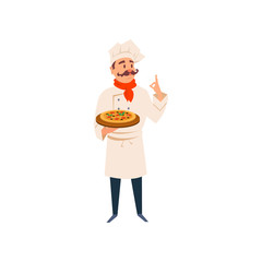 Italian chef holding wooden board with traditional pizza. Cartoon man character in kitchen uniform, hat, red scarf. Professional restaurant cook. Flat vector design