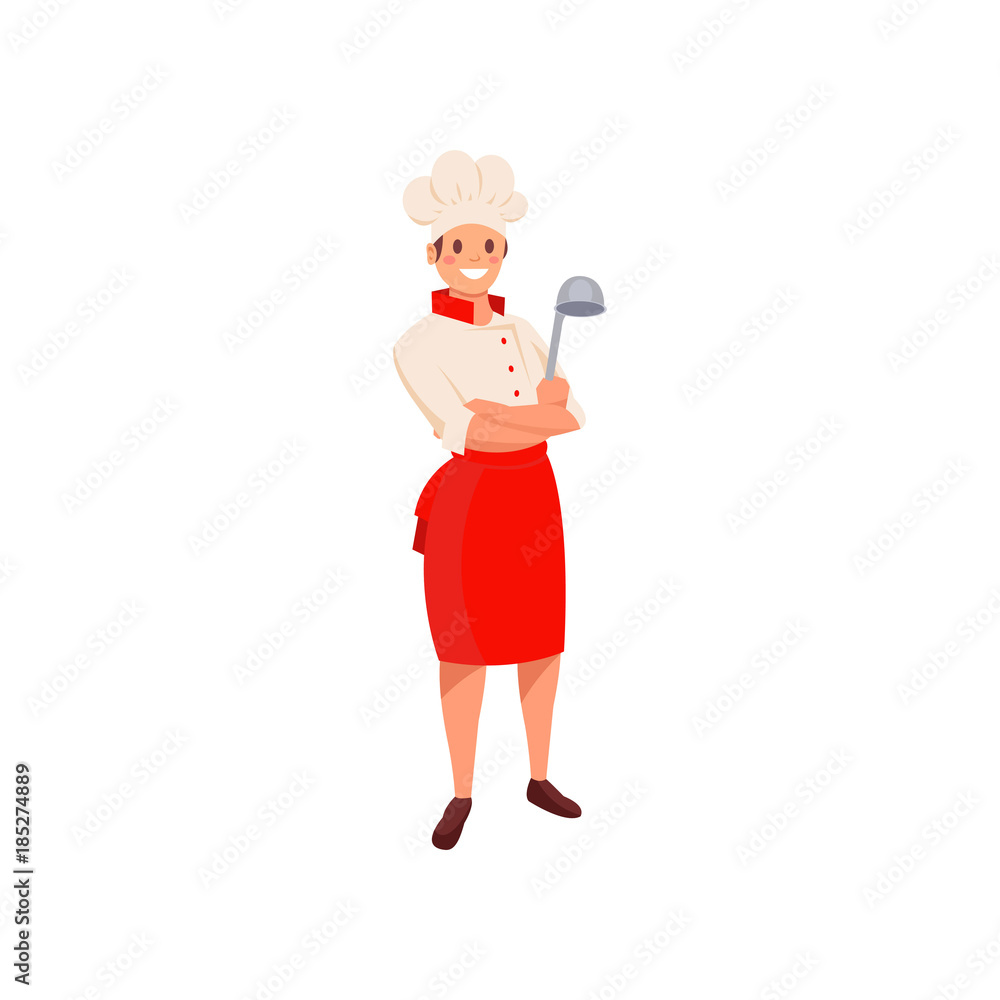 Poster professional restaurant chef in uniform with hat and red apron. cartoon man character with silver la
