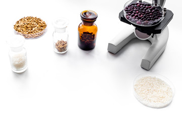 Laboratory for food analysis. Red beans under the microscope on white copyspace
