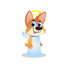 Cute corgi in white angel costume with wings and halo. Cartoon dog character with smiling muzzle. Domestic animal. Flat graphic design for sticker or postcard
