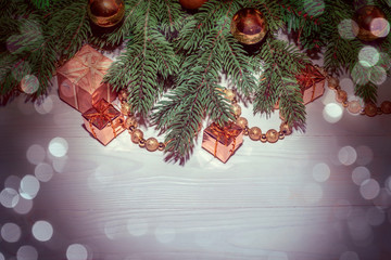 Christmas background on white vintage wooden board