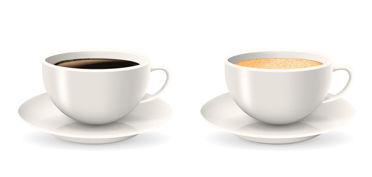 Composition of two coffee cups on saucers. Elements isolated on the white background. Americano, latte or cappuccino coffee.