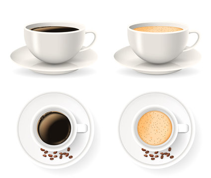 Top and front views of cups on saucers with coffee beans. Objects isolated on the white background. Americano, latte or cappuccino coffee.