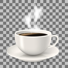 Cup on saucer. Hot coffee with steam. Object on the transparent background. Americano coffee.