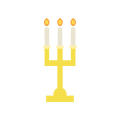 Golden candlestick with three burning candles. Religious icon. Elegant altar candelabra for Christian worship. Church utensils. Flat vector design