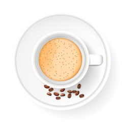 Top view of realistic cup on saucer with coffee beans. Object isolated on the white background. Cappuccino or latte coffee.
