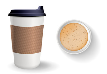 Top view of to go paper coffee cup. Realistic vector composition. Takeaway cup with lid and protective ripple sleeve isolated on the white background.