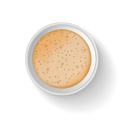 Top view of takeaway paper coffee cup. Object isolated on the white background. To go coffee cup. Realistic vector illustration. Cappuccino or latte coffee.