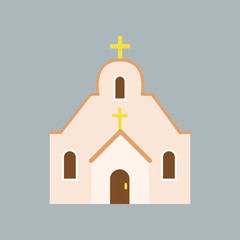Large Orthodox cathedral. House of God. Catholic church with arched windows and golden cross on roof. Religious architecture. Flat vector design