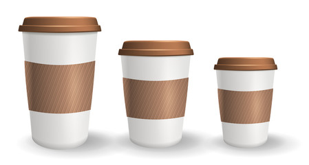 Set of to go and takeaway paper coffee cups in different sizes. Objects isolated on the white background. Collection of cups with lids and protective ripple sleeves.