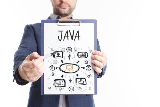 The concept of business, technology, the Internet and the network. A young businessman shows a successful scheme of work: Java