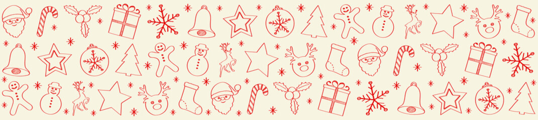 Panoramic banner with hand drawn Christmas decorations. Vector.