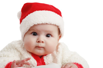 Beautiful girl in Christmas costume with Christmas balls toys. In Studio on white background isolated